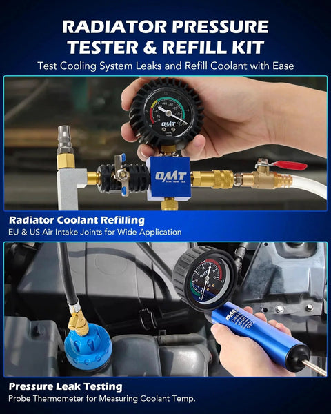 26 Piece Coolant Pressure Tester Kit With 18 Radiator Adapters, Vacuum Pump And Refill Tool, including thermometer, in use