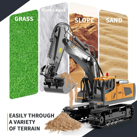 11 Channel RC Excavator Toy With Metal Shovel, Lights And Sounds, 680 Degree Cab Rotation for kids, shown on grass and sand
