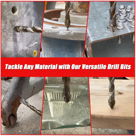 Pro Grade High Strength Eccentric Twist Drill Bits Set for masonry in action drilling concrete, metal, and wood surfaces.