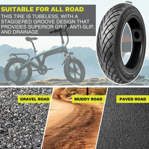 Tubeless 3.0-10 E-Bike Tire Kit With Valve Stem And Core Tool, Puncture Resistant 4PR Tire For Urban Pavement, Excellent Grip
