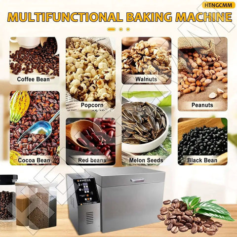 Multifunctional baking machine with images of coffee bean, walnuts, peanuts, cocoa bean, red beans, melon seeds, black bean, and popcorn.