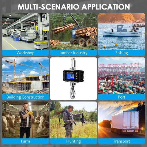 Image showing 8 scenarios for 1000Kg Heavy Duty Crane Scale With Backlit LCD Digital Hanging Scale Data Hold Tare And Unit Switch Auto Off Aluminum Alloy Industrial Scale For Factory Construction Farm Built Tough For Real, including workshop and port.