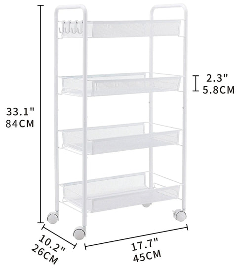 4 Tier Rolling Utility Storage Cart On Wheels In White Carbon Steel With Epoxy Coated Finish Heavy Duty Shelf Unit 33.1"H x 17.7"W