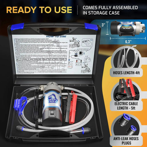 Electric Oil Change Extractor Pump 12 24V 100W Portable For Cars Motorcycles shown in storage case with hoses and manual