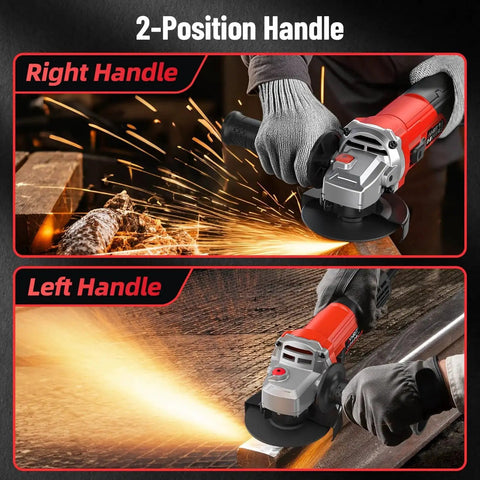 Powerful Four And A Half Inch Angle Grinder With Ten Amp Motor Delivers Up To One Thousand Two Hundred Watts And Thirteen Thousand RPM used in 2-position handle configuration for metal cutting and grinding