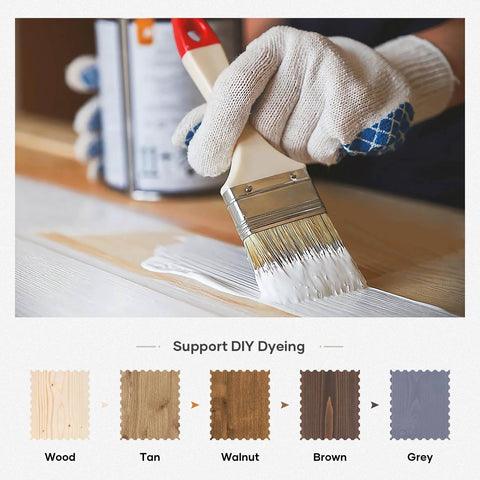 Gloved hand painting wood surface, showcasing color options in wood, tan, walnut, brown, and grey for 32x80 Inch Sliding Barn Door Slab With 5.5 Foot Hardware Kit Spruce Solid Wood Construction Easy DIY Assembly Rustic Barn Style Entry Door For Interior Rooms.