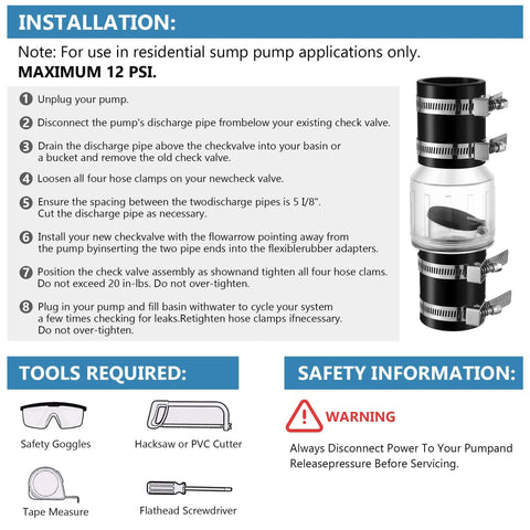 Ceoighe sump pump check valve, 1-1/2 in, black body with four stainless steel clamps.