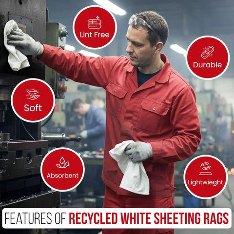 Worker using Recycled White Cotton Cleaning Rags Bulk Box 50 Lbs Streak Free Multipurpose Auto Shop Towels for cleaning a machine