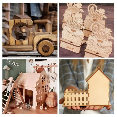 Four images showing DIYers Favorite Basswood Sheets One Sixteenth Inch Thick used in crafts, architectural models, and decor projects.