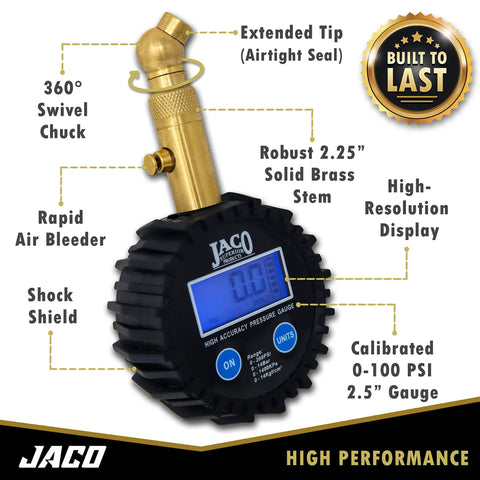 JACO Elite Digital Tire Pressure Gauge with brass chuck and 0-100 PSI blue display.