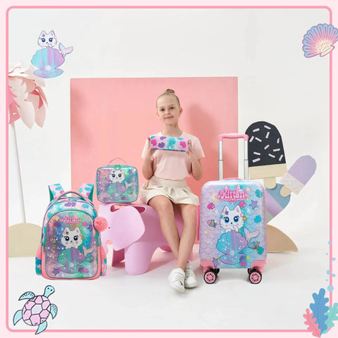 Girl with Kids Luggage Set 5 Piece 16 Inch Hard Shell Suitcases with Spinner Wheels for Girls, backpack, lunchbox, and accessories