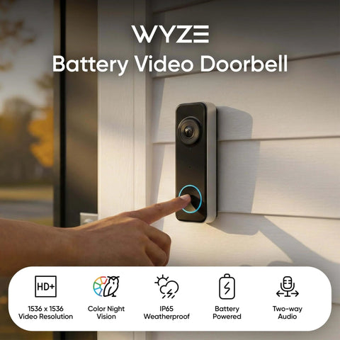 Battery Powered Video Doorbell Camera With 1-To-1 Head-To-Toe View, HD Plus 1536x1536, installed on house exterior.