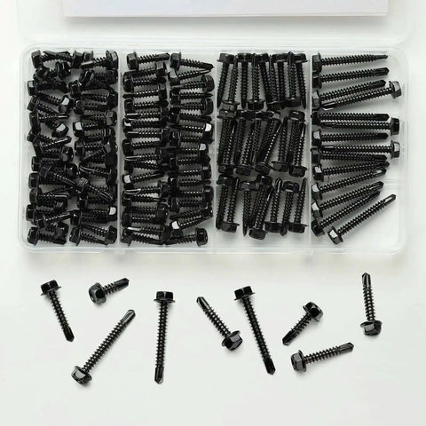 Black Zinc Stainless Self Tapping Screws Set, 121 Piece, 410 Stainless, Hex Washer Head, Black Finish, showcased in packaging