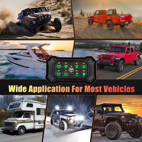 8 Gang Wireless Switch Panel With Remote Control Pod Waterproof Toggle Momentary Pulsed Relay System For Off Road Trucks Jeeps Boats SUVs UTVs ATVs Campers Battery Powered Wire Free Control shown with diverse vehicles