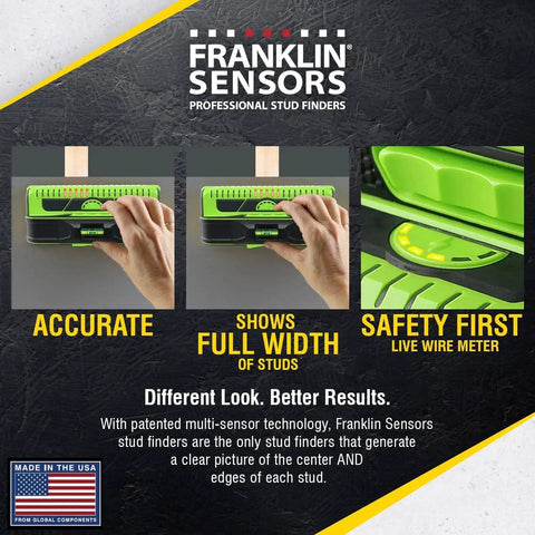 13 Sensor ProSensor M210 Stud Finder for wood and metal studs, showing full width accuracy with live wire detection features.