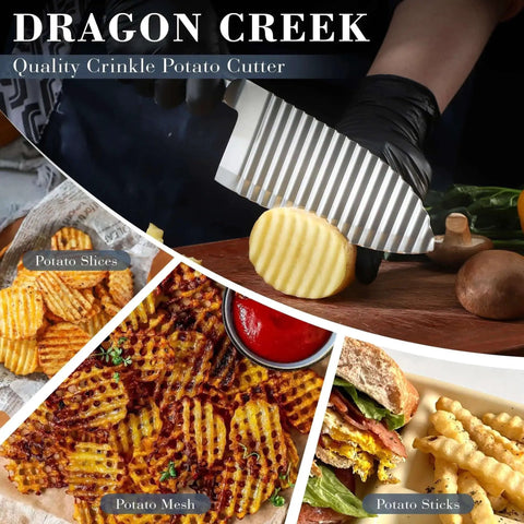 Person holding Crinkle Cutter Knife With Wavy Blade For Potatoes And Veggies Dragon Creek Stainless Steel Chopper showing potato slices.