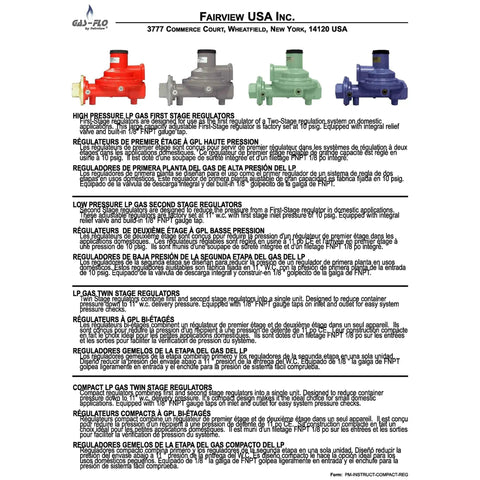 Fairview USA Inc. product leaflet displaying various LP gas regulators including a compact second stage low pressure propane regulator.