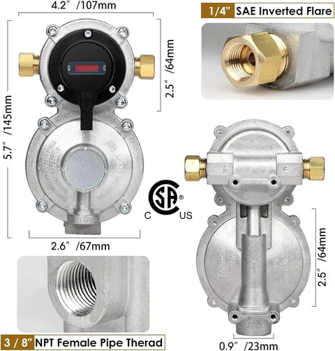 Two Stage Automatic Changeover LP Propane Gas Regulator With 36 Inch RV Pigtail Hoses And Gauge POL Connect 100 Lb Tank Regulator, front view