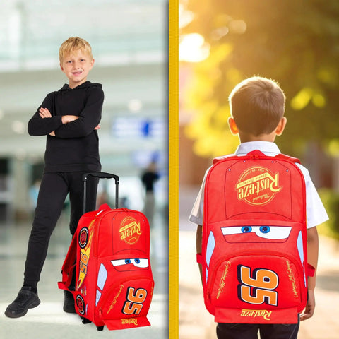 Lightning McQueen 16 Inch Kids Rolling Suitcase With Wheels And Extendable Handle 25L, Cars themed, boy using as backpack and trolley