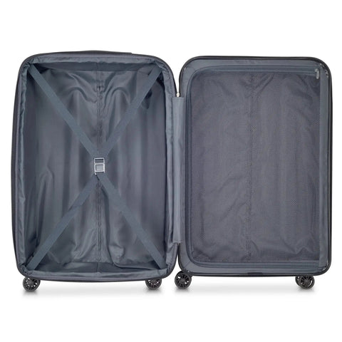 Interior view of lightweight expandable hardside luggage with four double spinner wheels and a crack resistant polycarbonate shell in brushed charcoal
