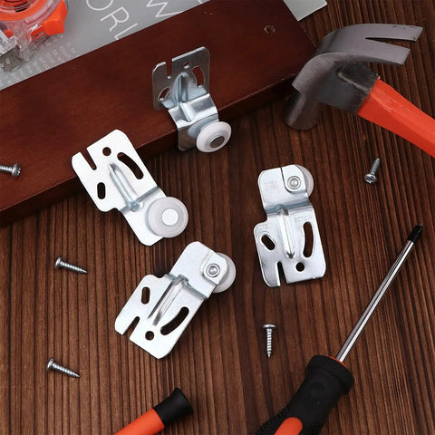 12 Pcs Closet Sliding Door Roller Kit With 24 Screws For Top Hung Bypass Closet And Kitchen Doors, Includes One Quarter Inch And One Half Inch Wheels For Easy Replacement And Smooth Operation shown with tools on wooden surface.