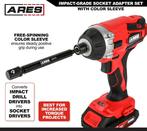 ARES cordless drill with impact-grade socket adapter and color sleeve, front view