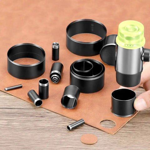 Leather Circle Cutter Tool Set With 21 Piece Pro Grade High Carbon Steel Punch Kit displayed on leather fabric.