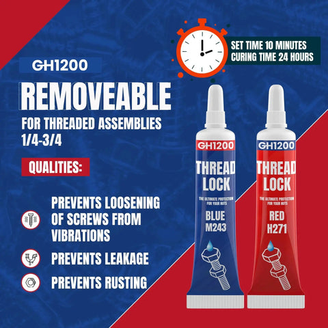 GH1200 6GX2 Pack Thread Locker Blue and Red for nuts bolts and metals with precision nozzle, packaging showing uses and benefits