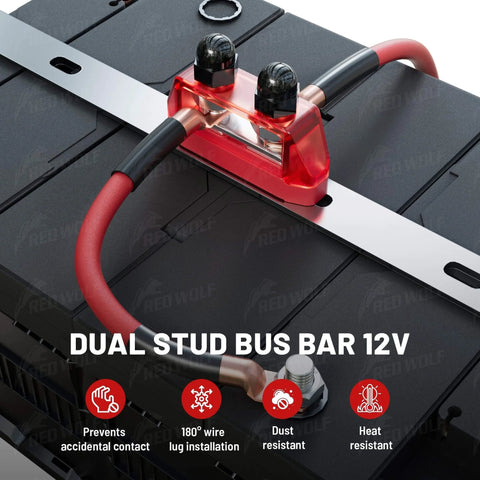 Beefy Dual Five Sixteenth Inch M8 Stud Bus Bar Power Distribution Block For 12-48V DC Systems 150A Max Battery Terminal Junction