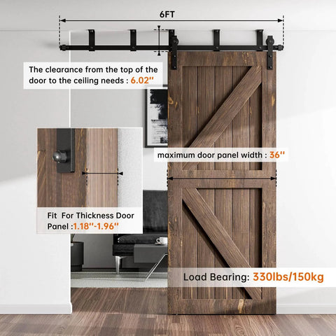 Heavy Duty Ceiling Mount Sliding Barn Door Hardware Kit For Single Door Black Finish Ceiling Track System Fits Door Thickness 1.18 To 1.96 Inches 84 Inch Wide Door J Shape Hanger Supports Up To 330 Lbs shown installed