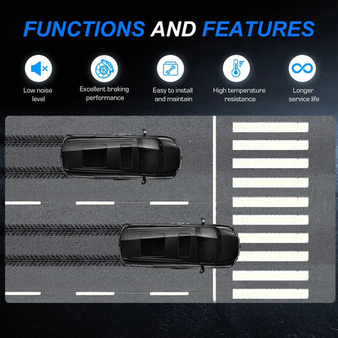 ILONPA front ceramic disc brake pads set banner; two black cars on a road with crosswalk and braking feature icons.