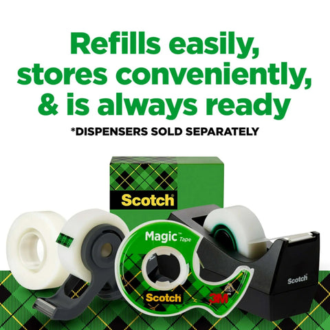 Invisible Magic Tape 4-Pack Refill Rolls 0.75 in x 1000 in with matte finish, office supply packaging and tape dispensers displayed