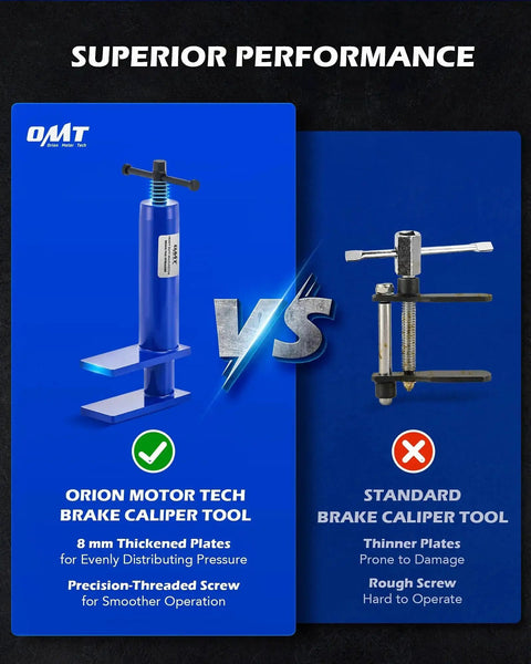 Orion Motor Tech brake caliper tool spreader, blue, left side; standard brake caliper tool on right in comparison layout