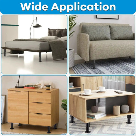 Heavy Duty Metal Adjustable Furniture Legs Set Of 4, 4.7 To 7 Inch used in bed, couch, dresser, table; black finish, wide base.