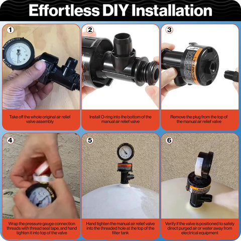 Swimables 98209800 air relief valve for Pentair pool filters; six-step DIY installation diagram.