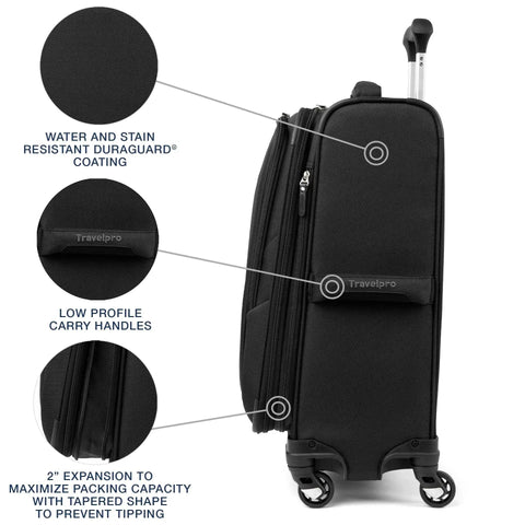 Side view of black Ultra Lightweight 21 Inch Carry On Luggage With 4 Spinner Wheels Expandable Softside Suitcase Travelpro Maxlite 5