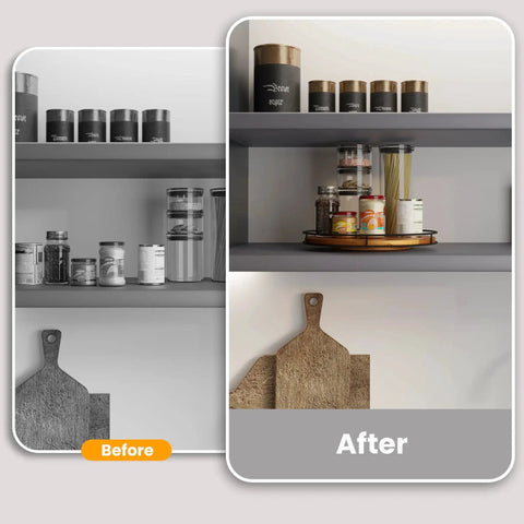Before and after kitchen shelf organization with Acacia Wood 16 Inch Lazy Susan Turntable With Sturdy Metal Frame For Kitchen Countertop Organization Large Rotating Serving Tray For Charcuterie Boards And Cheese Displays Go To Countertop Storage And Dining Table Showpiece displaying spices.