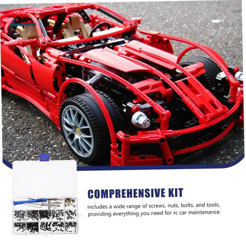 RC Car Screw Tool Kit With Compact Case Includes Nuts Bolts And Tools For Various Models Essential Maintenance Set With Durable Iron Fasteners And Metric Screw Assortment For DIY Repairs shown with model car