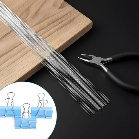Spring steel wire 25 pcs, 40 cm long, 0.6 mm gauge, silver; pliers in background