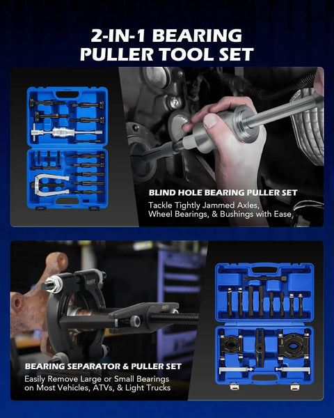 Image of a 2-in-1 bearing puller tool set, showing cases with labeled tools including bearing puller, separator, and slide hammer.