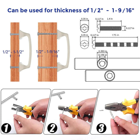 Installation guide for 30 Pack Solid 3 Inch Square Foot Arch Cabinet Pulls in Brushed Nickel Finish with measurements and tools.