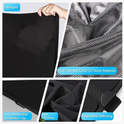 Close-up of Model Y Roof Sunshade 3.0 Ice Black material and features for 2020-2024 Tesla Model Y, highlighting UV block, stitching, and clip.