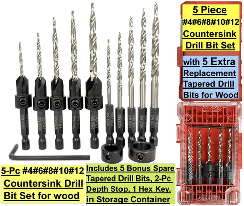 Woodworking Countersink Drill Bit Set With Depth Adjustable 5 Piece Replacement Tapered Bits For Wood Sizes Four Six Eight Ten Twelve In Durable Storage Case Pro Grade By FTG USA, shown with bits in case and hex key.