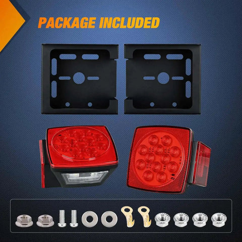 LED Trailer Light Kit 2 Pack Square Stop Turn Tail Side Marker Lights with Beefy Steel Mounting Box and accessories shown