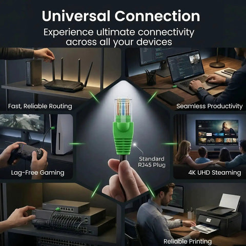 Image showing a person holding an RJ45 plug with various use cases for Outdoor Cat6 Ethernet Cable 200 Ft Direct Burial 24AWG.