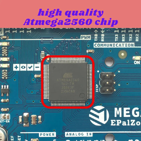 Close-up of ATmega2560 chip on Mega 2560 R3 Arduino Board With ATmega2560 ATmega16U2 USB Serial, board component focus