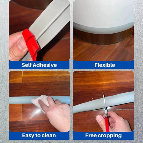 Hands demonstrating features of 3.28FT PVC Floor Transition Strip, Peel and Stick Molding Trim in gray, including self-adhesive and flexible design.
