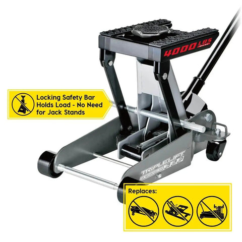 2 Ton Triple Lift Floor Jack For Cars Trucks Motorcycles ATVs And More Replaces Multiple Jacks With A Wide Lift Range From 5.5 Inches To 17.5 Inches Ultra Stable With Locking Safety Bar in a side view showing the locking bar and 4000 lb capacity