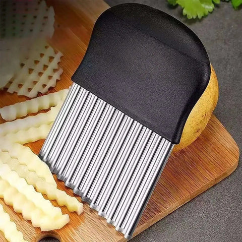 2 Pack Crinkle Cutter And 2 In 1 Vegetable Peeler Set With Stainless Steel Blades Wavy Potato Cutter shown on wooden board