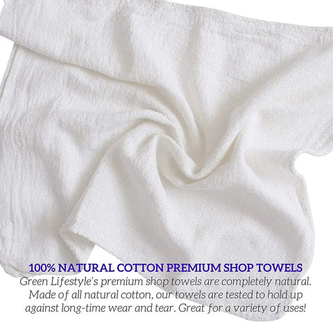 Heavy Duty Cotton Shop Towels 12x14 Inches 50 Pack Bulk Rags shown in close-up highlighting absorbent terry cloth material